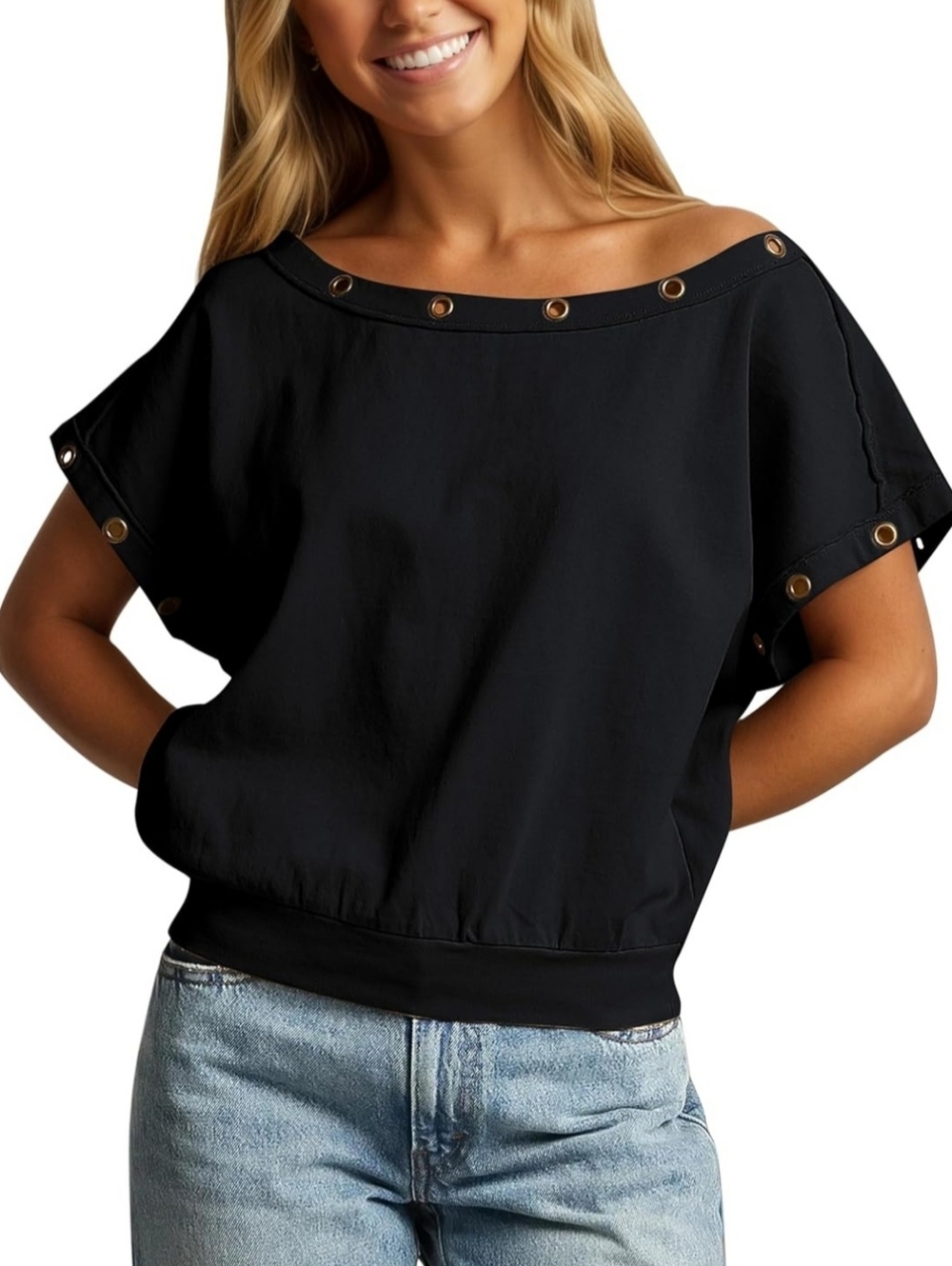 Black Off Shoulder Grommet Top NWT Size Large